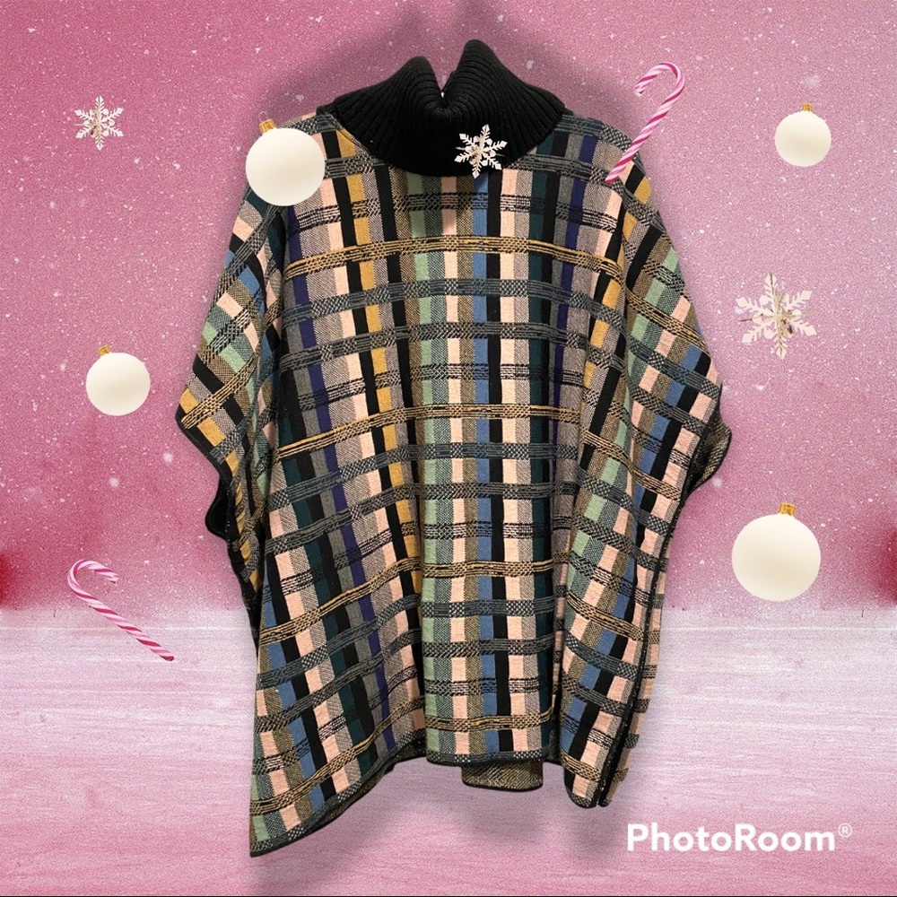 Anthropologie- Plaid Turtleneck Poncho Sweater